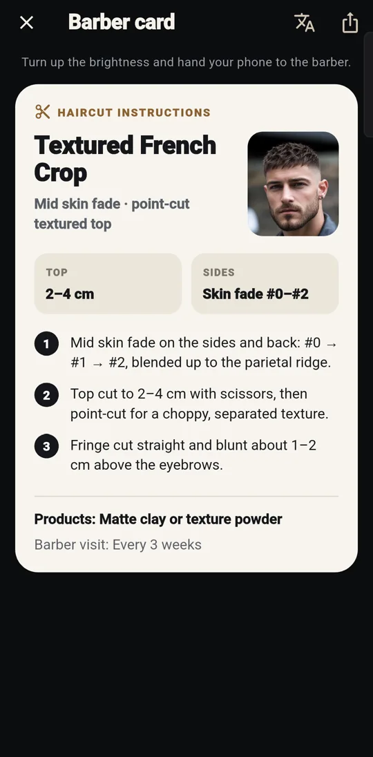 Barber card with cut details